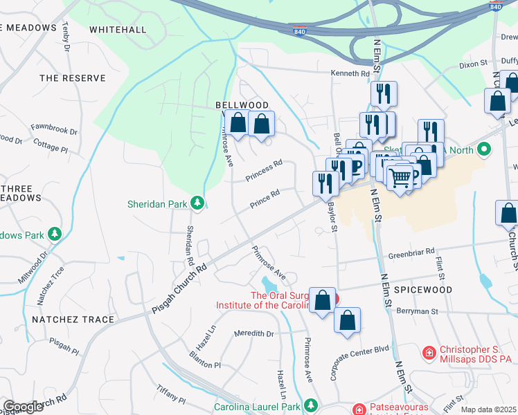 map of restaurants, bars, coffee shops, grocery stores, and more near 723 Prince Road in Greensboro