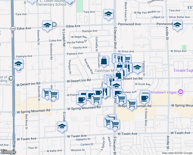 map of restaurants, bars, coffee shops, grocery stores, and more near 3262 Cereus Avenue in Las Vegas