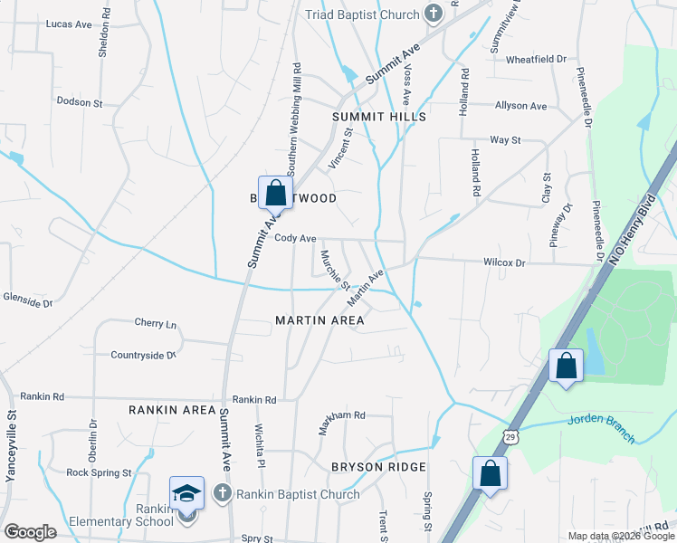map of restaurants, bars, coffee shops, grocery stores, and more near 3703 Murchie Street in Greensboro