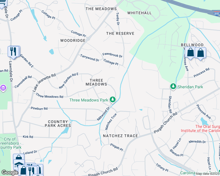 map of restaurants, bars, coffee shops, grocery stores, and more near 521 Miltwood Drive in Greensboro