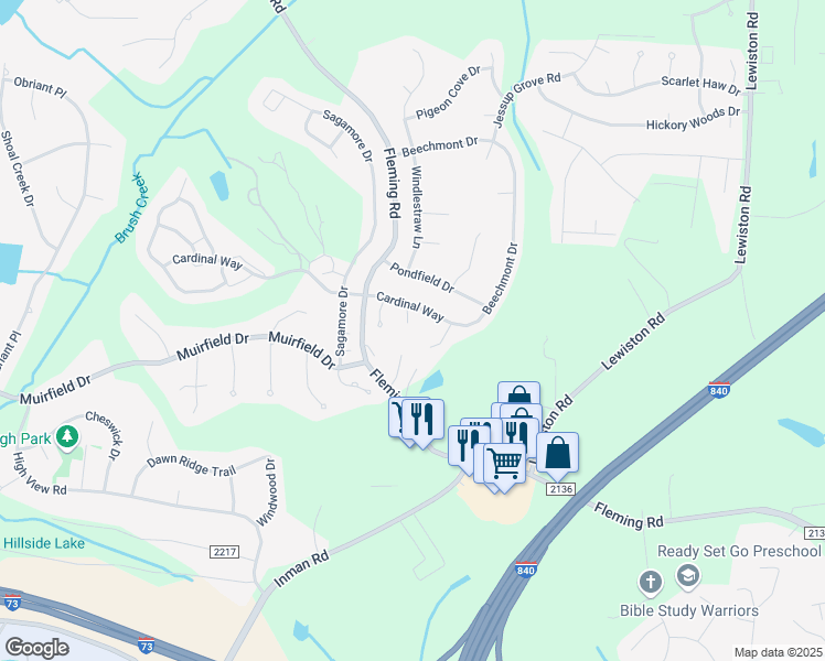 map of restaurants, bars, coffee shops, grocery stores, and more near 3800 Cardinal Court in Greensboro