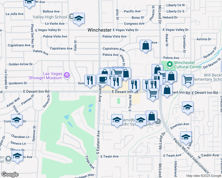 map of restaurants, bars, coffee shops, grocery stores, and more near 2420 East Desert Inn Road in Las Vegas