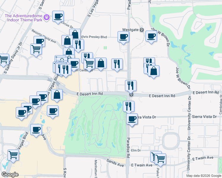 map of restaurants, bars, coffee shops, grocery stores, and more near 360 East Desert Inn Road in Las Vegas