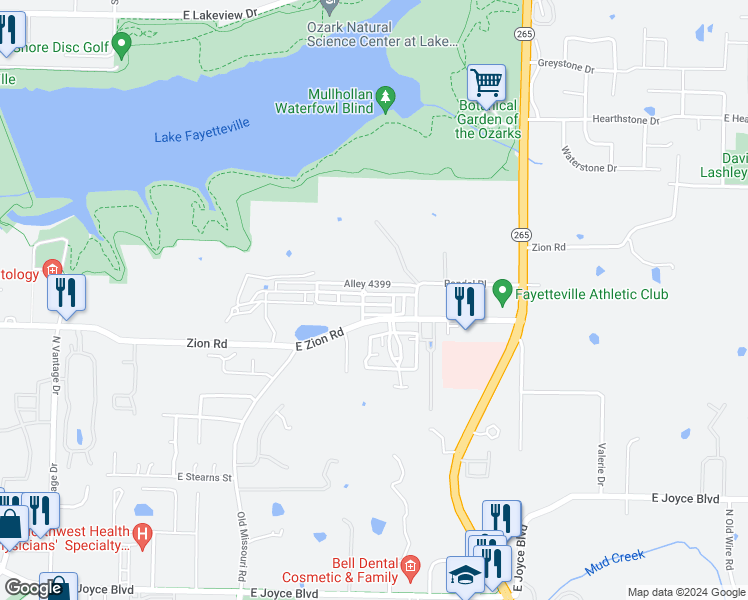 map of restaurants, bars, coffee shops, grocery stores, and more near 2575 East Frontier Elm Drive in Fayetteville