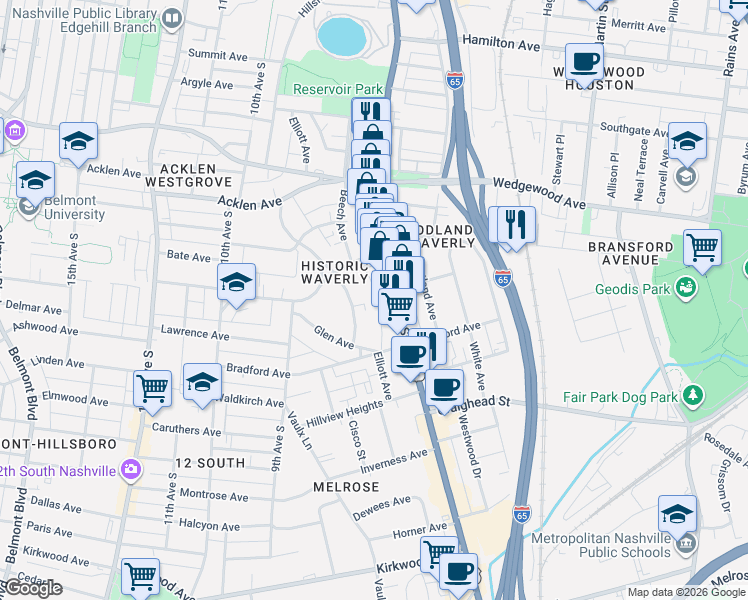map of restaurants, bars, coffee shops, grocery stores, and more near 2114 Elliott Avenue in Nashville