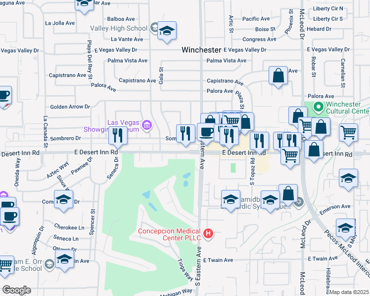 map of restaurants, bars, coffee shops, grocery stores, and more near 2282 East Desert Inn Road in Las Vegas