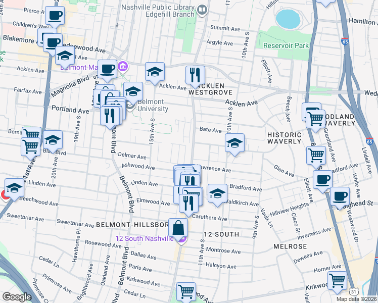 map of restaurants, bars, coffee shops, grocery stores, and more near 1111 South Douglas Avenue in Nashville