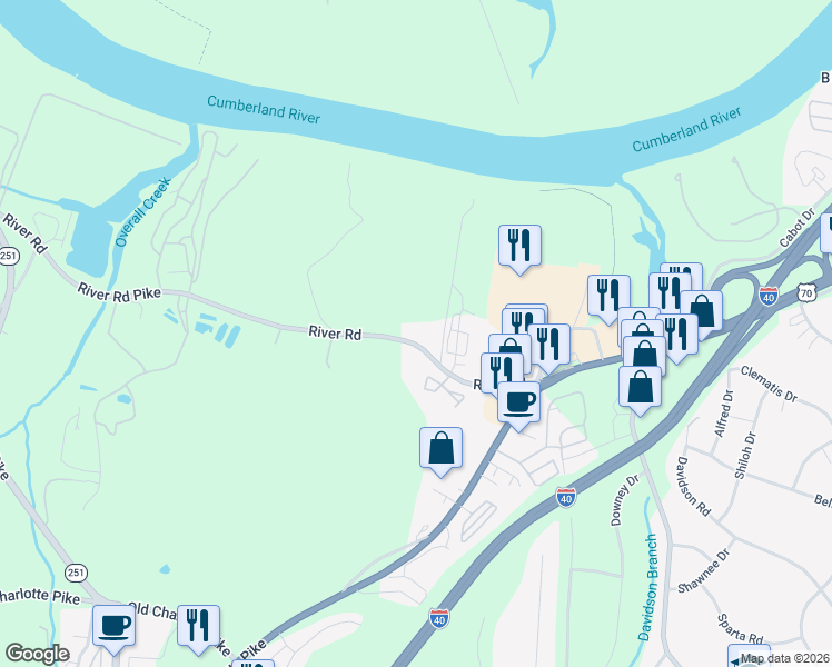 map of restaurants, bars, coffee shops, grocery stores, and more near 5772 River Road in Nashville