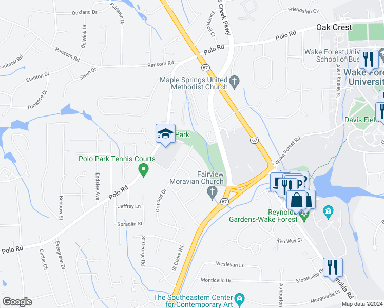map of restaurants, bars, coffee shops, grocery stores, and more near 3161 Prytania Road in Winston-Salem