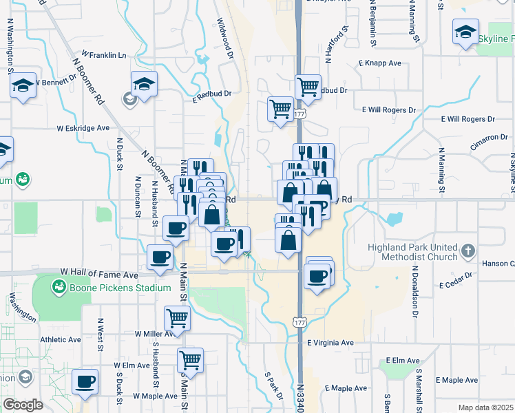 map of restaurants, bars, coffee shops, grocery stores, and more near 373-401 E McElroy Rd in Stillwater
