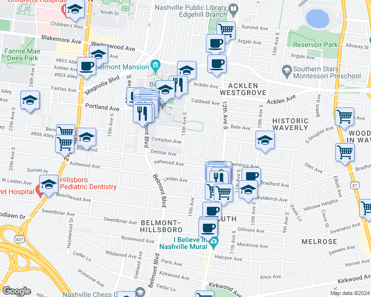 map of restaurants, bars, coffee shops, grocery stores, and more near 2108 15th Avenue South in Nashville