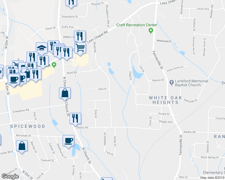 map of restaurants, bars, coffee shops, grocery stores, and more near 3614 Mizell Road in Greensboro