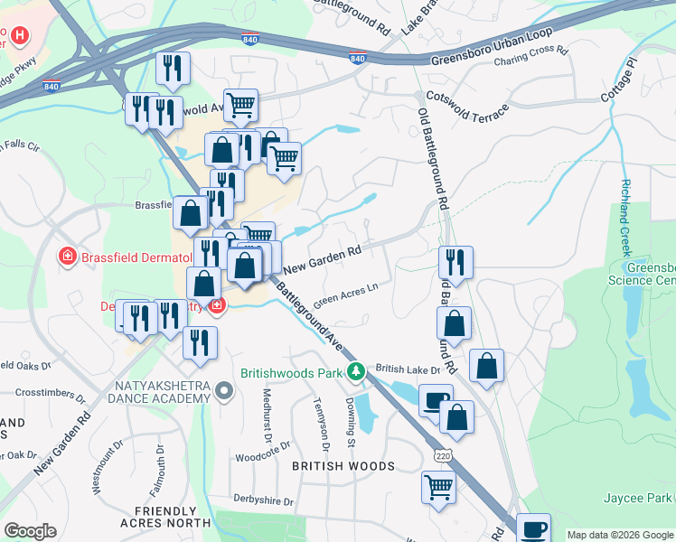 map of restaurants, bars, coffee shops, grocery stores, and more near 2210 New Garden Road in Greensboro