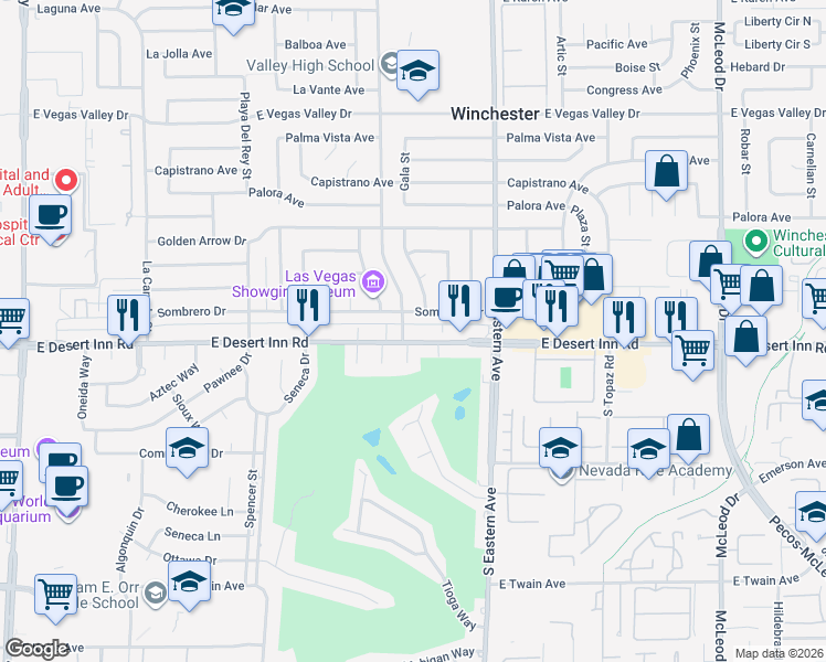 map of restaurants, bars, coffee shops, grocery stores, and more near 2165 Sombrero Drive in Las Vegas