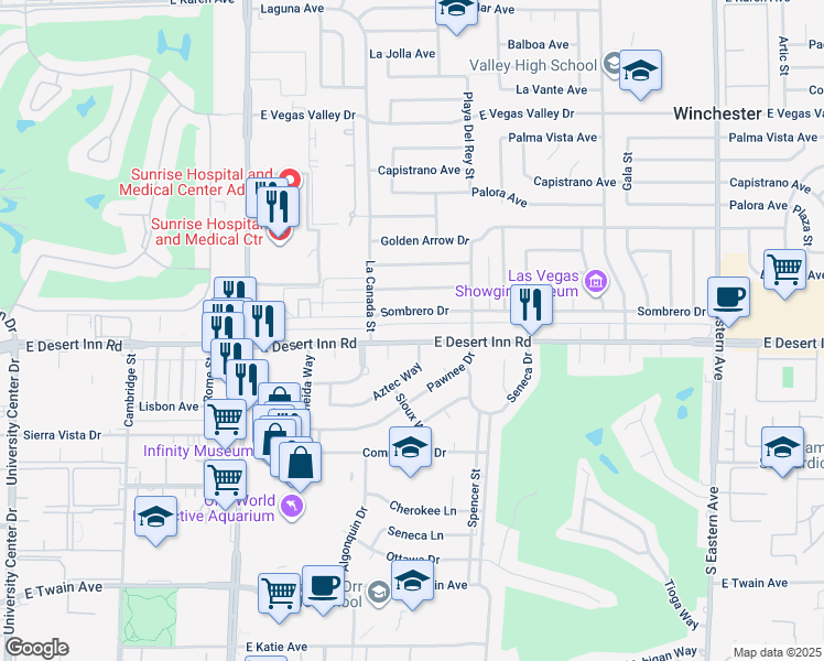 map of restaurants, bars, coffee shops, grocery stores, and more near 1573 Sombrero Drive in Las Vegas