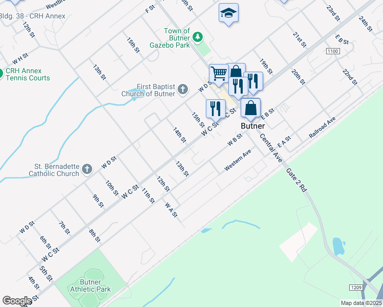 map of restaurants, bars, coffee shops, grocery stores, and more near 301 South 14th Street in Butner