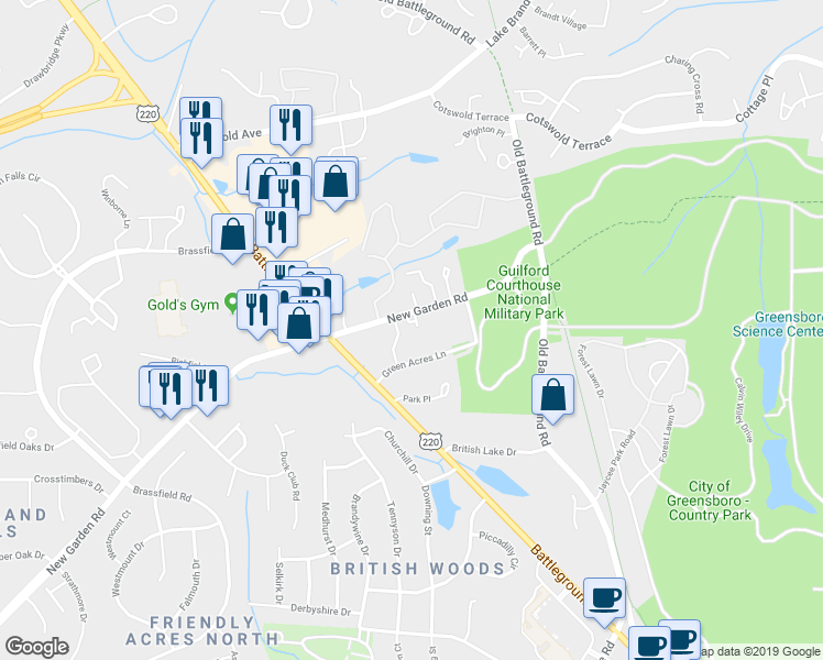 map of restaurants, bars, coffee shops, grocery stores, and more near 2210 New Garden Road in Greensboro