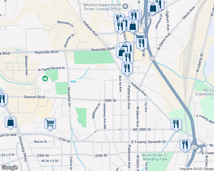 map of restaurants, bars, coffee shops, grocery stores, and more near 3061 Greenway Avenue Northwest in Winston-Salem