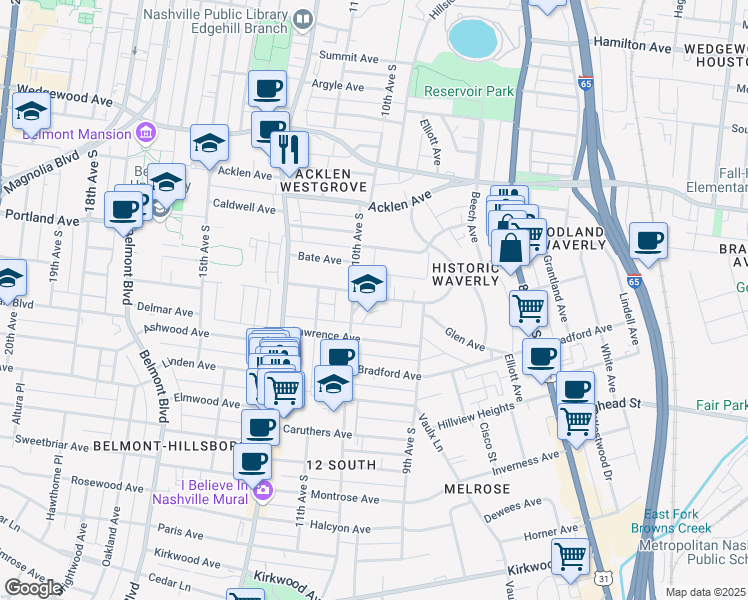 map of restaurants, bars, coffee shops, grocery stores, and more near 2036 10th Avenue South in Nashville