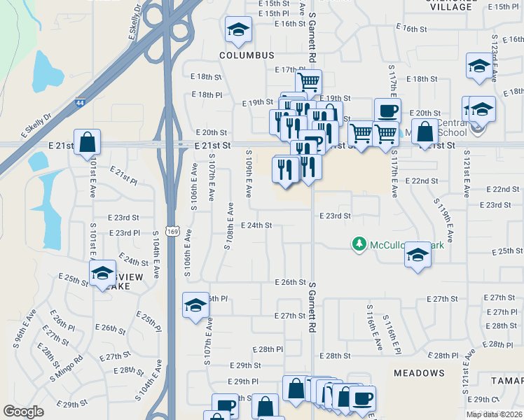 map of restaurants, bars, coffee shops, grocery stores, and more near 2304 South 109th Avenue East in Tulsa