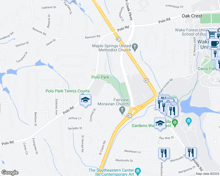 map of restaurants, bars, coffee shops, grocery stores, and more near 3161 Prytania Road in Winston-Salem