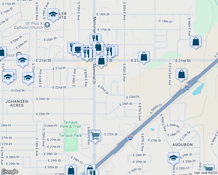 map of restaurants, bars, coffee shops, grocery stores, and more near 2230 South 83rd East Avenue in Tulsa