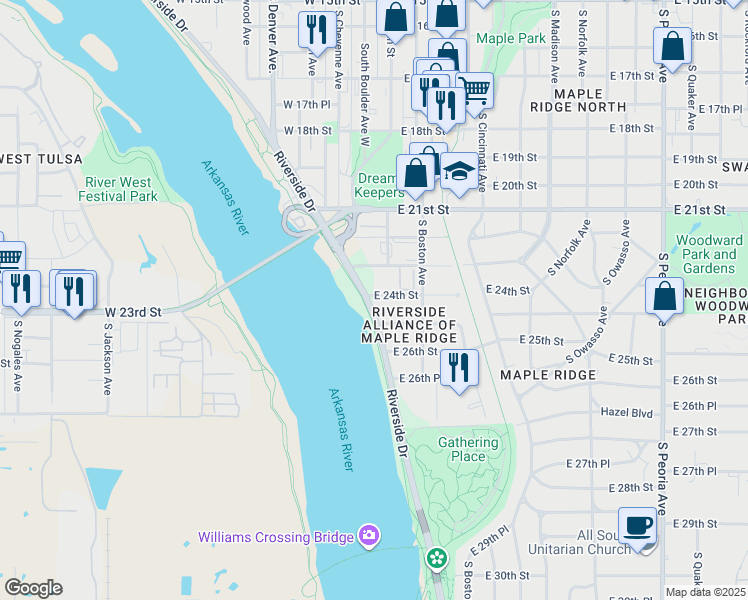 map of restaurants, bars, coffee shops, grocery stores, and more near 4 East 24th Street in Tulsa