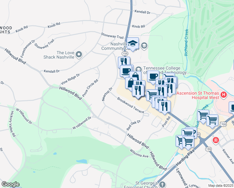 map of restaurants, bars, coffee shops, grocery stores, and more near 78 Brookwood Terrace in Nashville