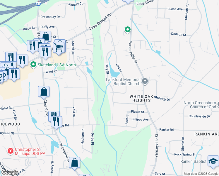 map of restaurants, bars, coffee shops, grocery stores, and more near 2805 Haig Street in Greensboro