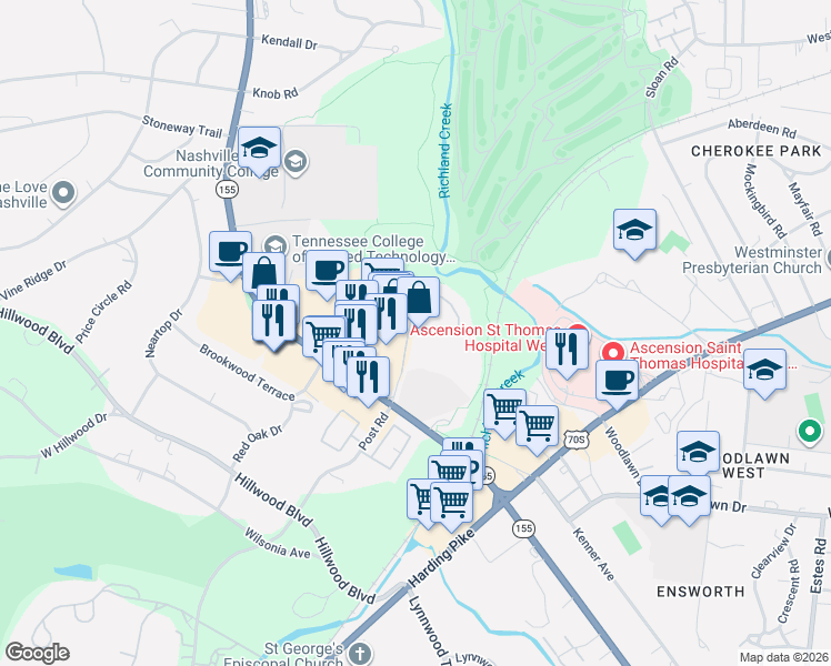 map of restaurants, bars, coffee shops, grocery stores, and more near 84 White Bridge Road in Nashville