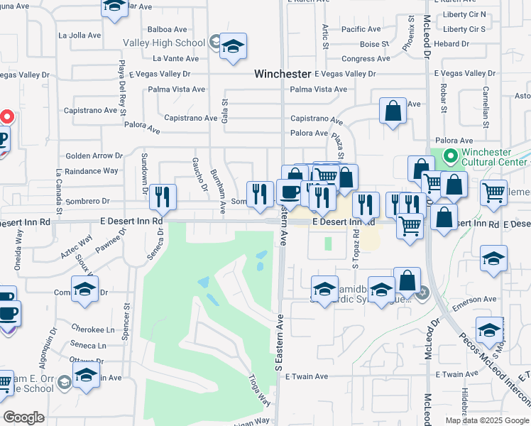 map of restaurants, bars, coffee shops, grocery stores, and more near 3255 South Eastern Avenue in Las Vegas