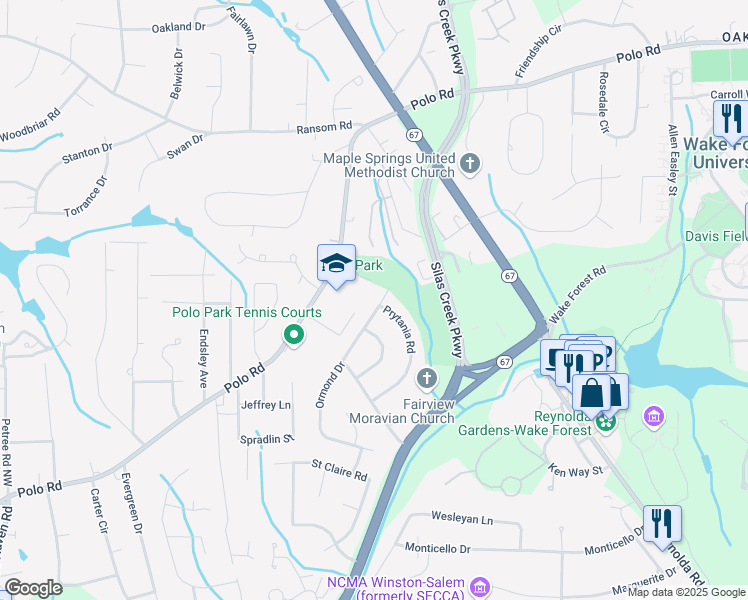 map of restaurants, bars, coffee shops, grocery stores, and more near 3110 Ormond Drive in Winston-Salem