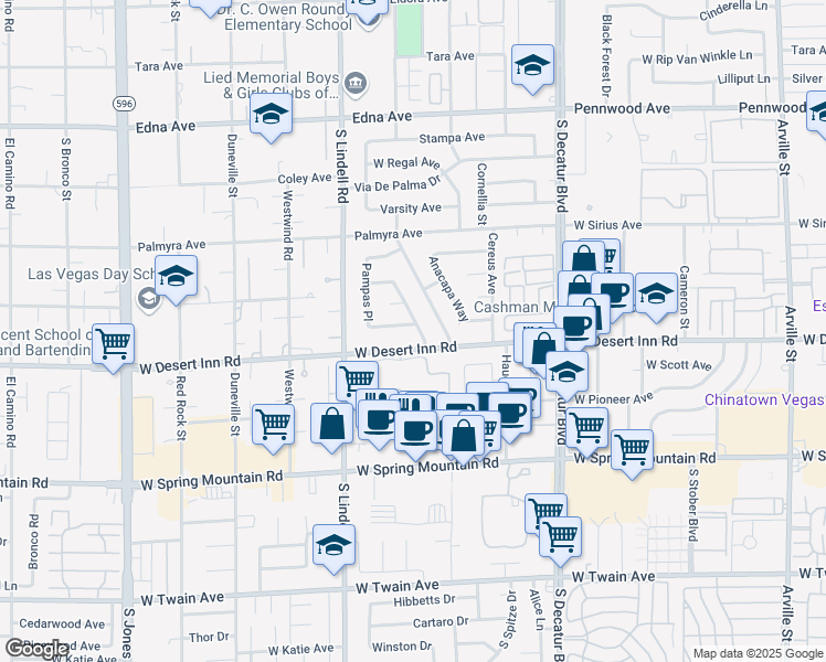 map of restaurants, bars, coffee shops, grocery stores, and more near 5301 Opuntia Street in Las Vegas