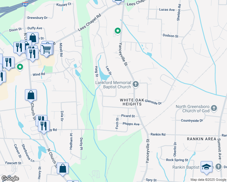 map of restaurants, bars, coffee shops, grocery stores, and more near 2717 Leo Drive in Greensboro