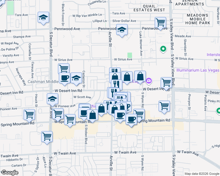 map of restaurants, bars, coffee shops, grocery stores, and more near 3275 Arville Street in Las Vegas