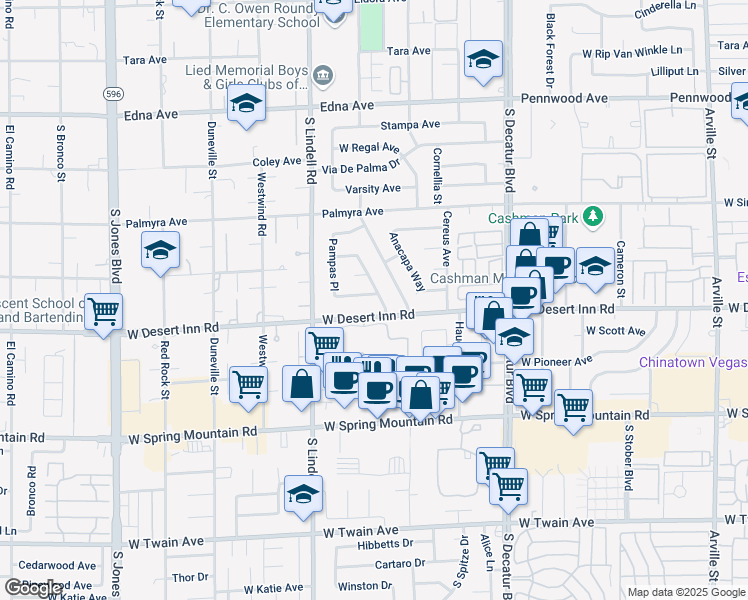 map of restaurants, bars, coffee shops, grocery stores, and more near 5301 Opuntia Street in Las Vegas