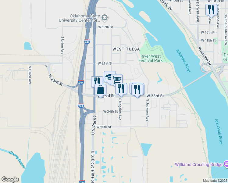 map of restaurants, bars, coffee shops, grocery stores, and more near 1023 West 23rd Street in Tulsa