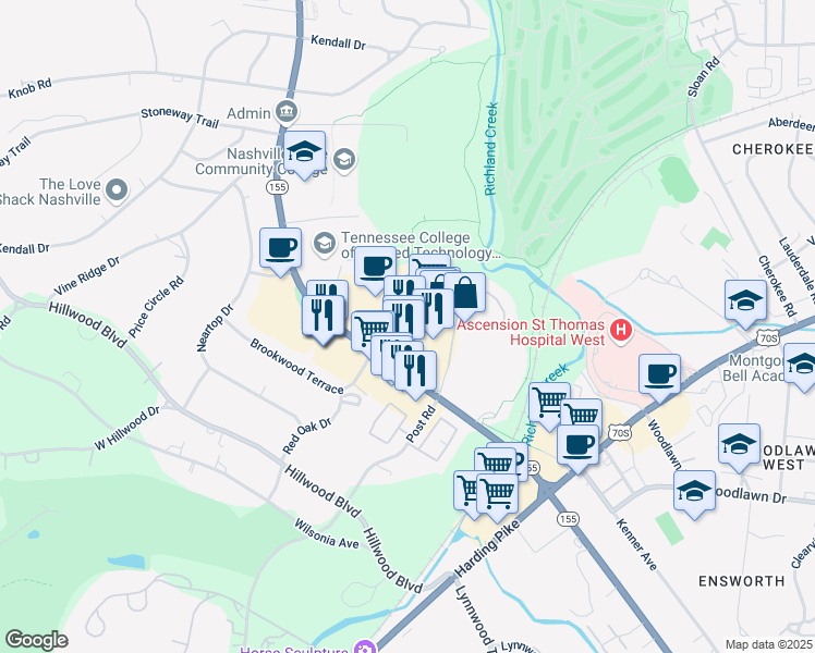 map of restaurants, bars, coffee shops, grocery stores, and more near 120 White Bridge Road in Nashville
