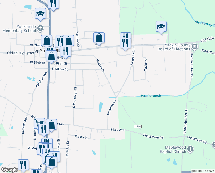 map of restaurants, bars, coffee shops, grocery stores, and more near 524 Virginia Drive in Yadkinville