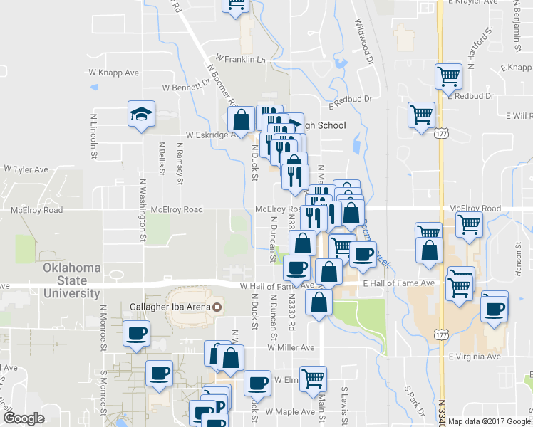 map of restaurants, bars, coffee shops, grocery stores, and more near 301 West McElroy Road in Stillwater
