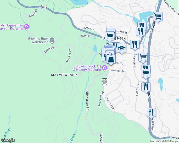 map of restaurants, bars, coffee shops, grocery stores, and more near 180 Laurel Drive in Boone