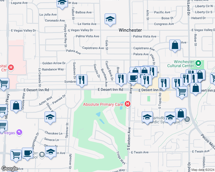 map of restaurants, bars, coffee shops, grocery stores, and more near 2165 Sombrero Drive in Las Vegas