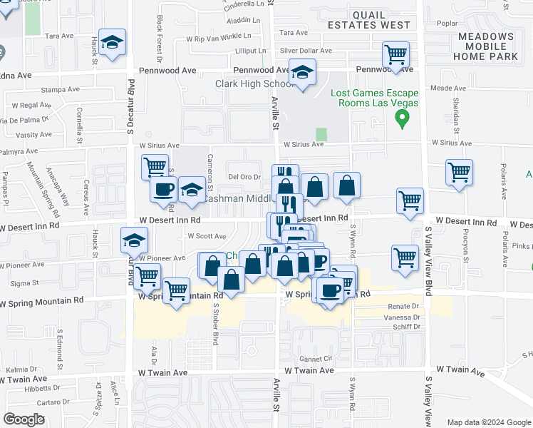 map of restaurants, bars, coffee shops, grocery stores, and more near 3264 Andrea Street in Las Vegas