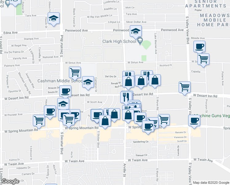 map of restaurants, bars, coffee shops, grocery stores, and more near 3264 Andrea Street in Las Vegas