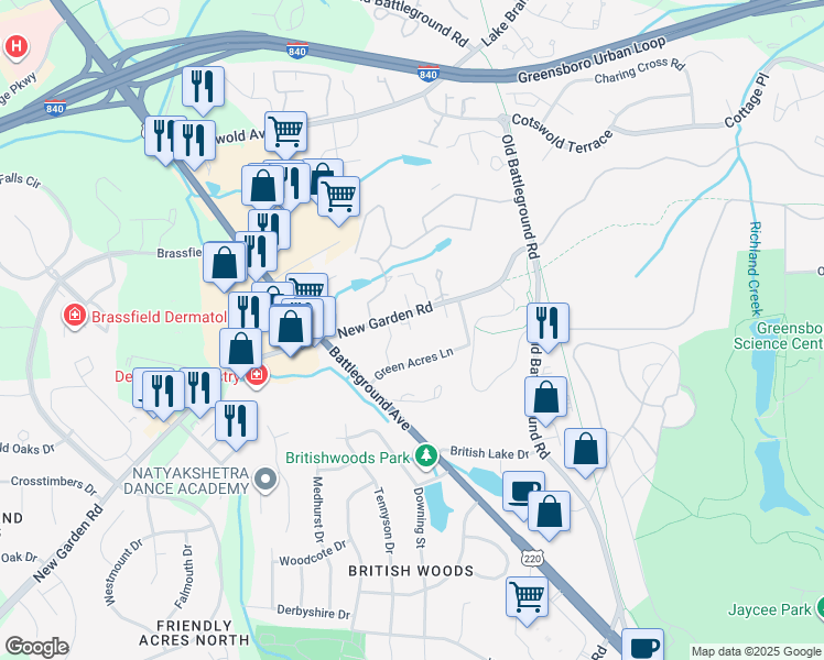 map of restaurants, bars, coffee shops, grocery stores, and more near 2208 New Garden Road in Greensboro