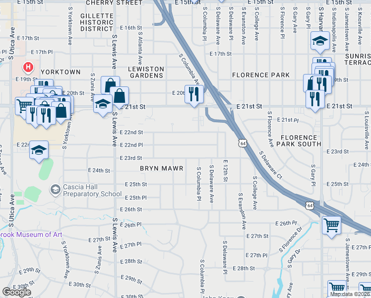 map of restaurants, bars, coffee shops, grocery stores, and more near 2646 East 22nd Place in Tulsa