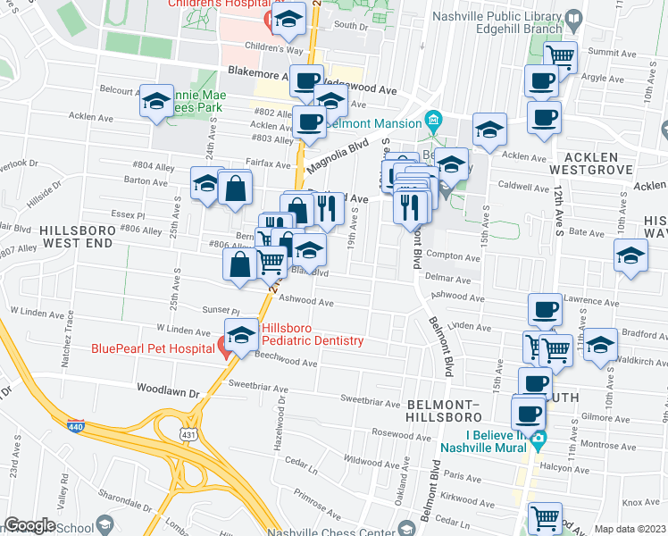 map of restaurants, bars, coffee shops, grocery stores, and more near 1906 Blair Boulevard in Nashville