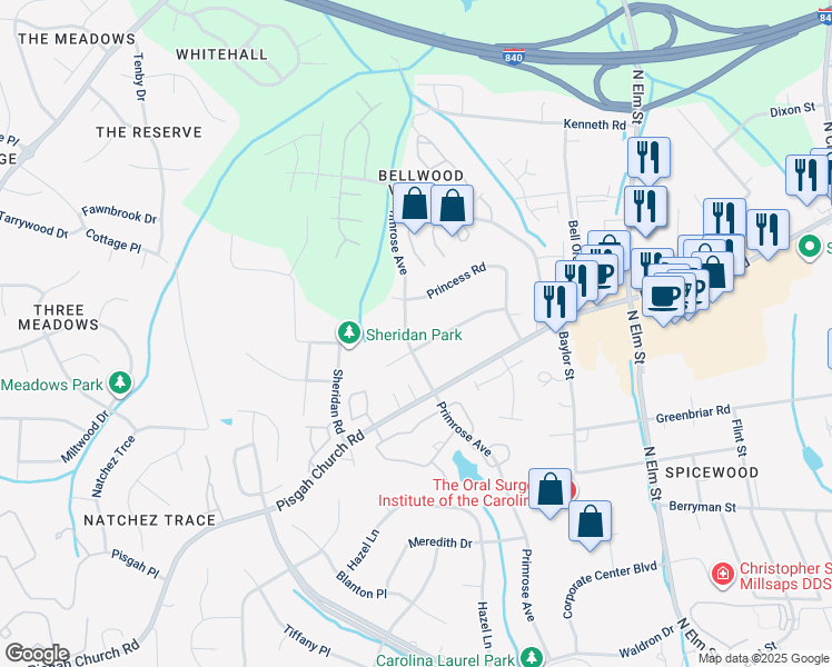 map of restaurants, bars, coffee shops, grocery stores, and more near 4006 Primrose Avenue in Greensboro