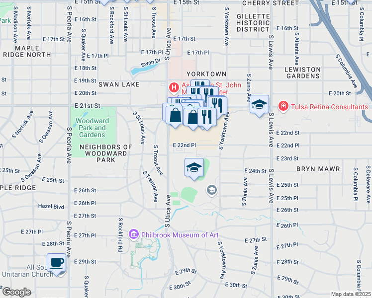 map of restaurants, bars, coffee shops, grocery stores, and more near 2200 South Utica Place in Tulsa