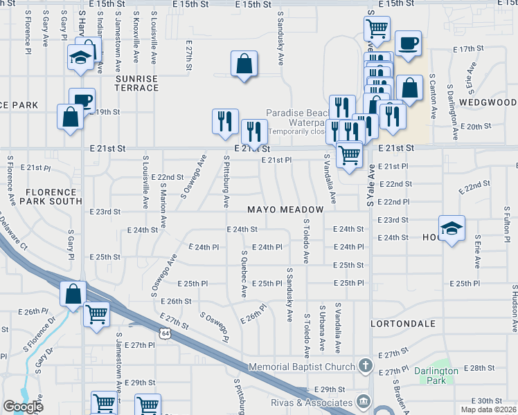 map of restaurants, bars, coffee shops, grocery stores, and more near 4145 East 23rd Street in Tulsa